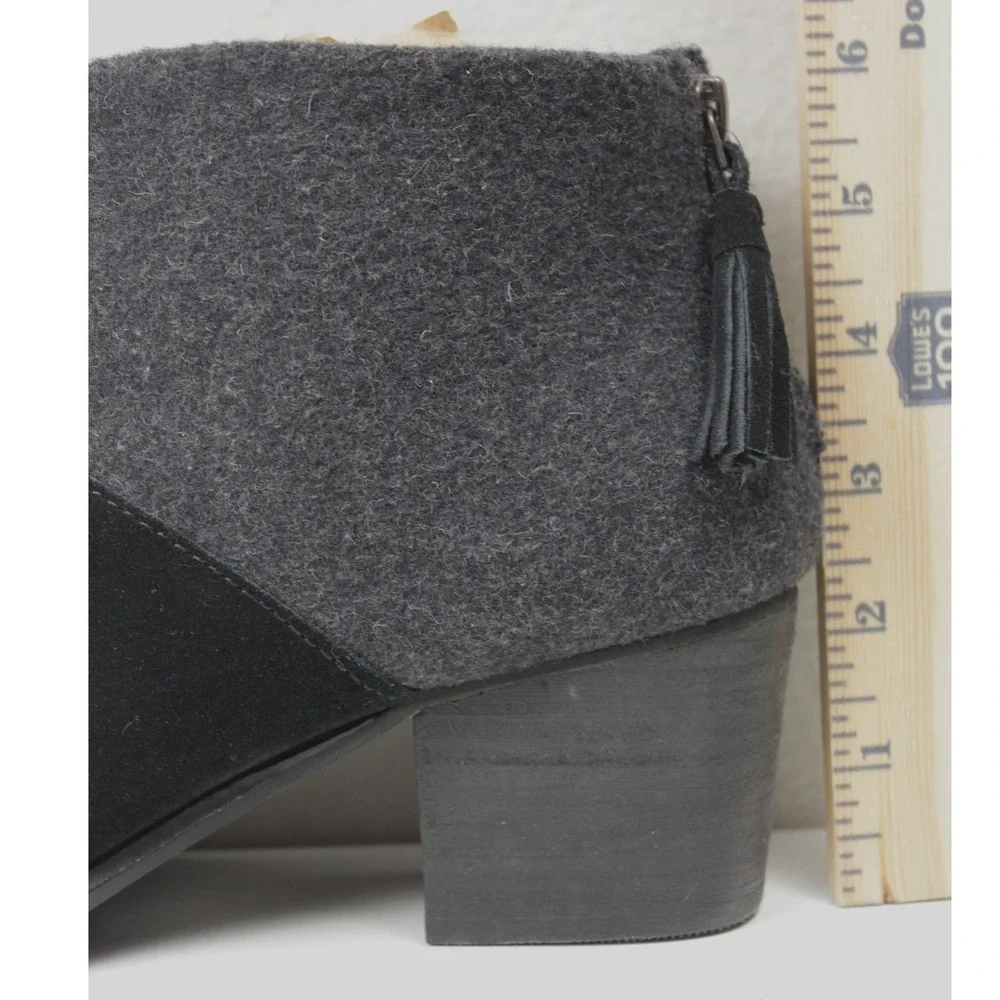 TOMS Leila Ankle Boots Womens 9.5 Black Suede Gray Wool Block Heel Zip